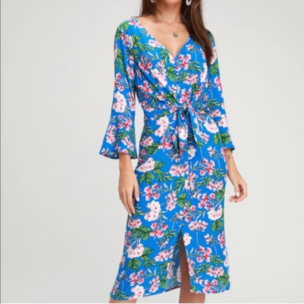Lulus April Floral Midi Dress Tie Front Sz Small